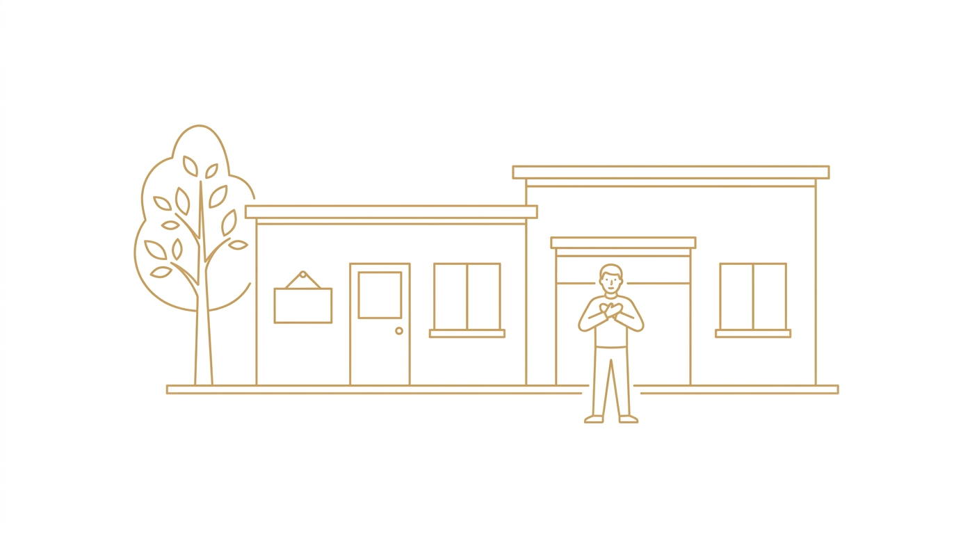 Line drawing of two small company buildings, a tree and a person making a first aid gesture