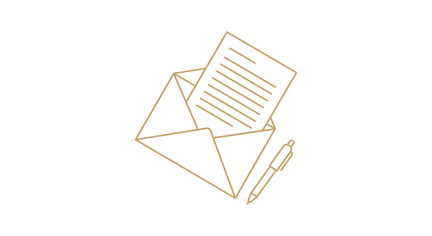 Line drawing of an open envelope with a letter and a pen